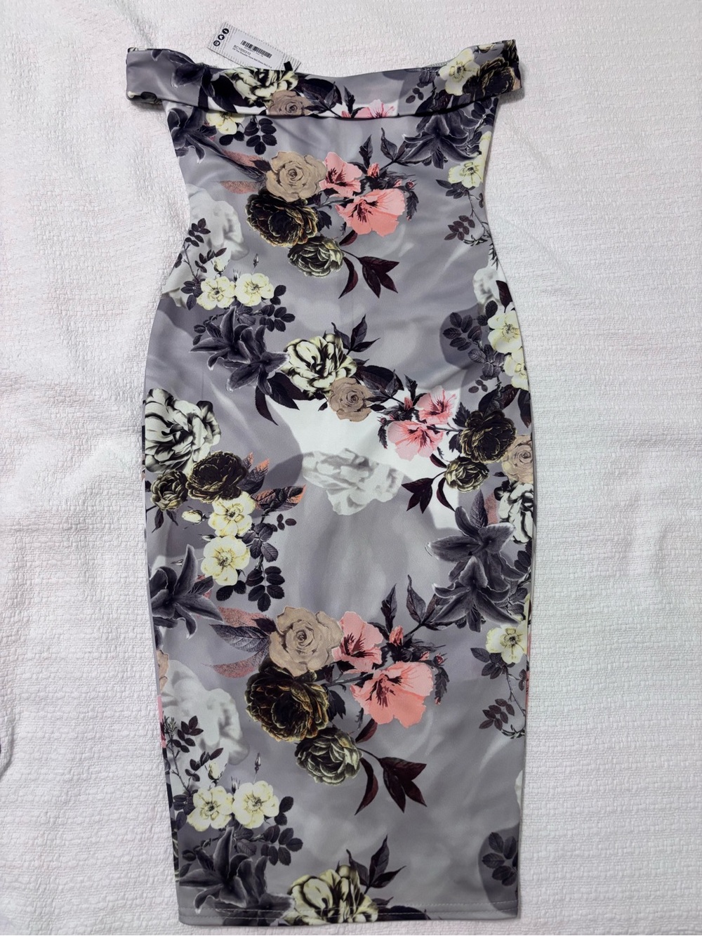 Gray Floral Off-Shoulder Midi Dress with Pink and Cream Blooms